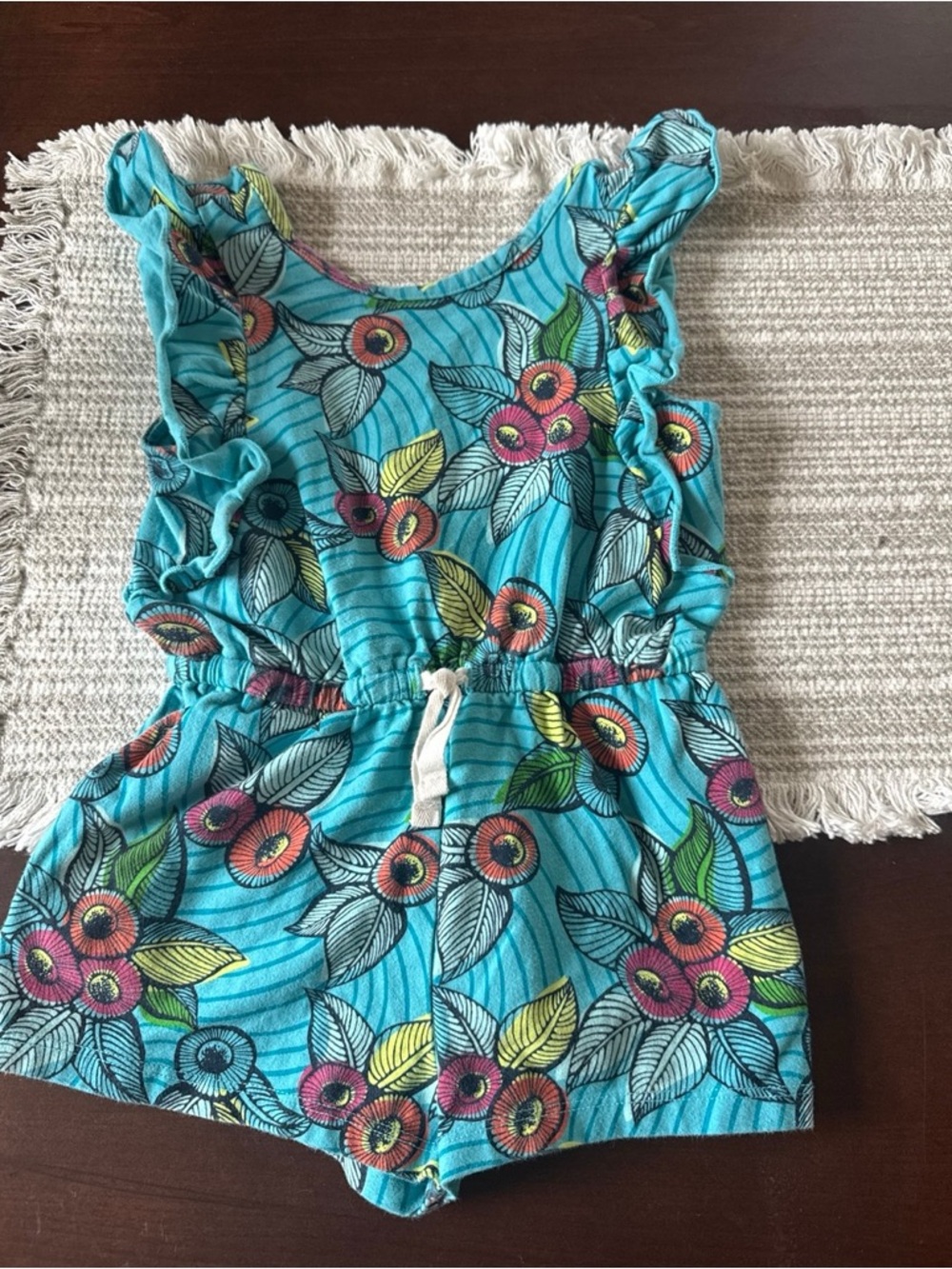 Tea Collection Turquoise Floral Ruffle Romper